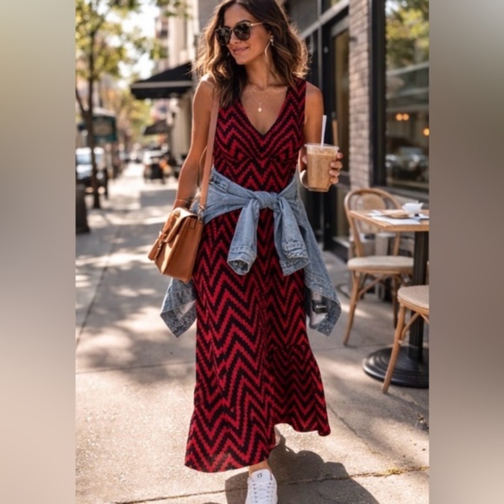 Chico's Red Black Gia Zig Zag Chevron V Neck Maxi Dress 2 (M 12-14) EUC #868
